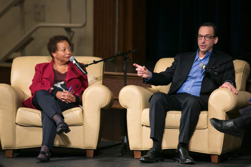 Trinity President Joanne Berger-Sweeney P’22 with author Paul Tough