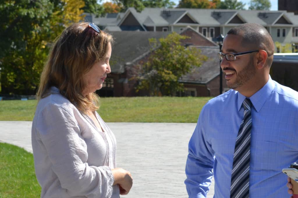 Secretary of the State Denise W. Merrill with Jason Rojas on the Gates Quad for Voter Registration Day in September 2019.